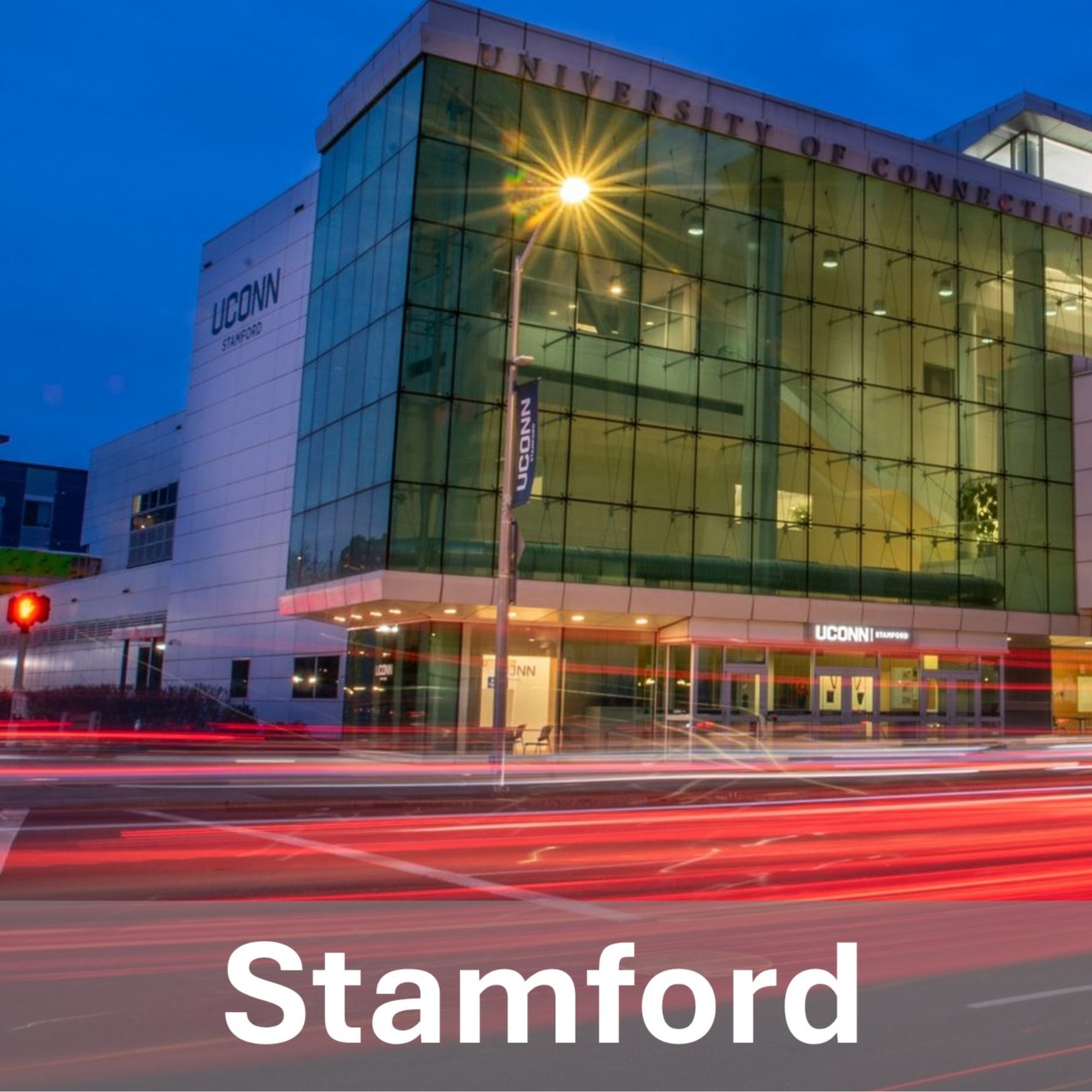 Photo of the UConn Stamford campus with the caption "Stamford."