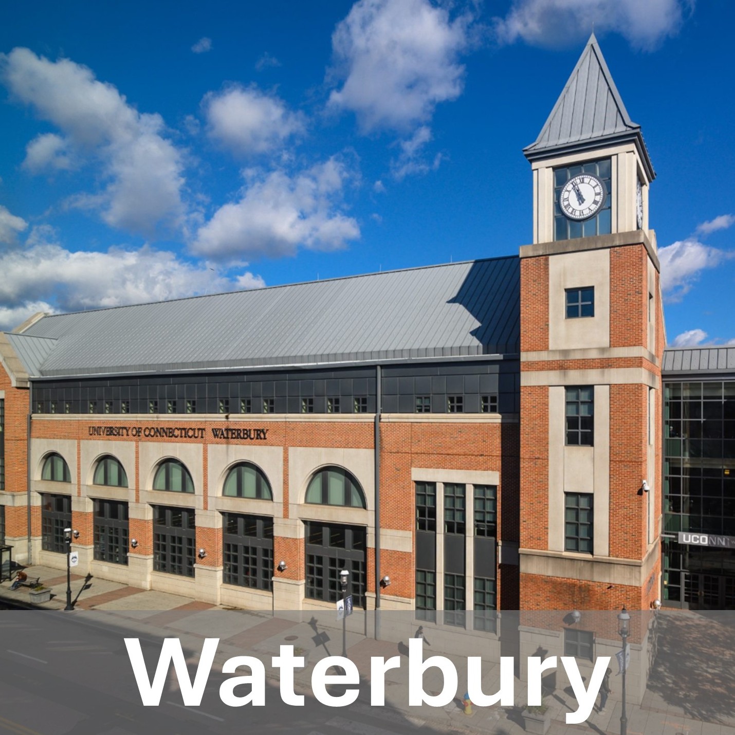 Photo of the UConn Waterbury campus with the caption "Waterbury."